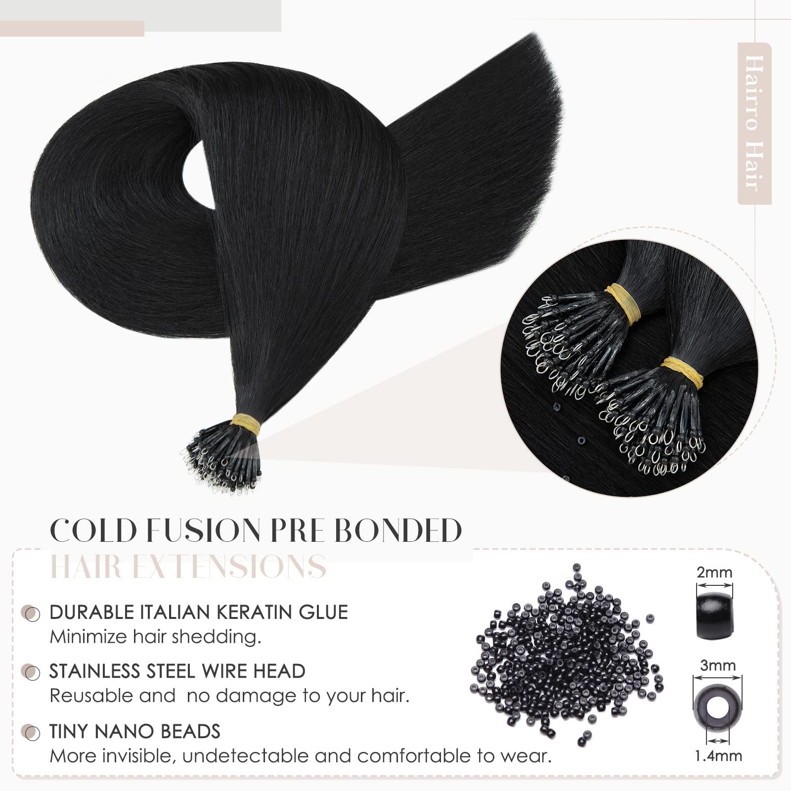Hairro Hairro Nano Beaded Human Hair Extensions Pre Bonded Cold Fushion Nano Bead Nano Ring Keratin Tip Remy Hair Extensions For Women 24inch 50g/PACK 50 Strands #01 Natural Black
