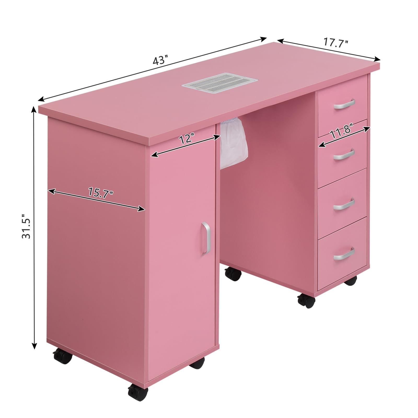 Vasitelan Vasitelan Manicure Nail Table Station, Salon Spa Nail Desk with Electric Downdraft Vent, Locking Castors, Storage Cabinet, 4 Removable Drawers (Pink)
