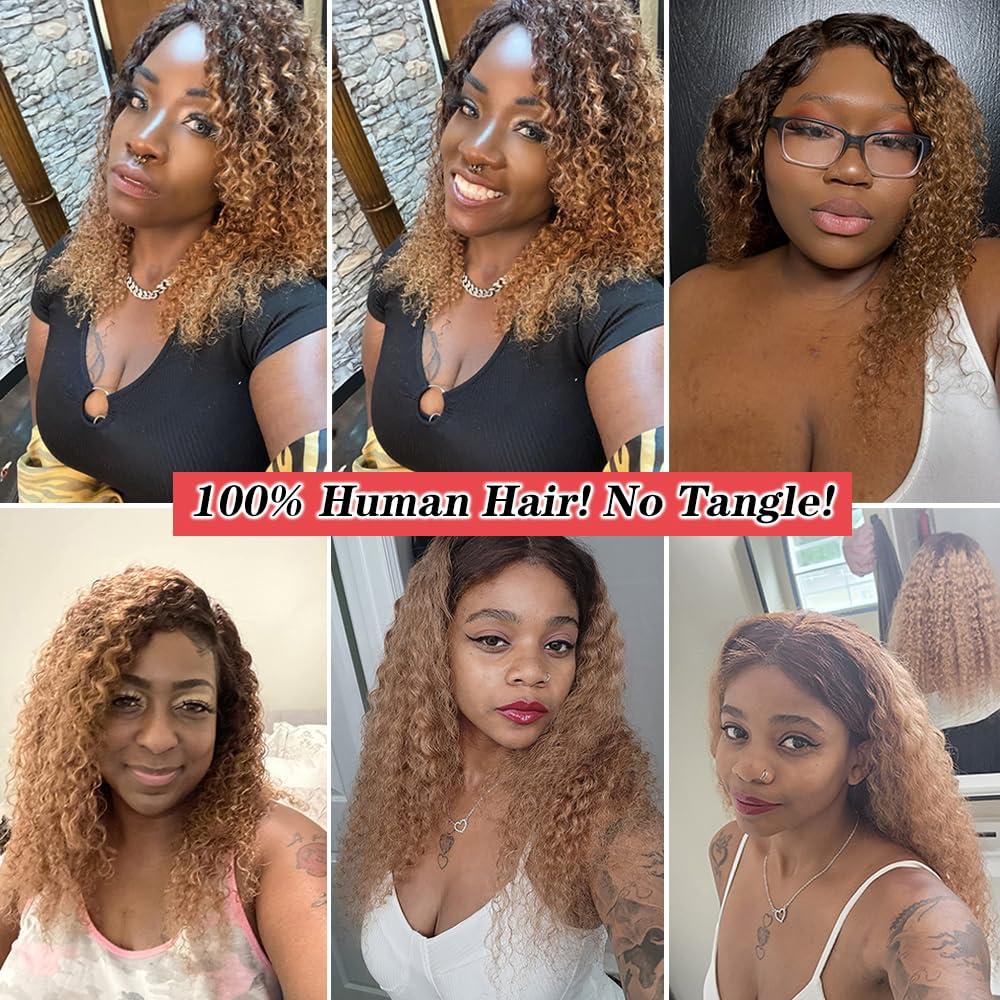 FASHION VILA Curly Bundles Human Hair 2 Tone Ombre Brazilian Virgin Hair 3 Bundles Human Hair Weave Bundles 100% Unprocessed Kinky Curly Human Hair Extensions T4/30 Medium Brown/Medium Auburn(22 24 26)