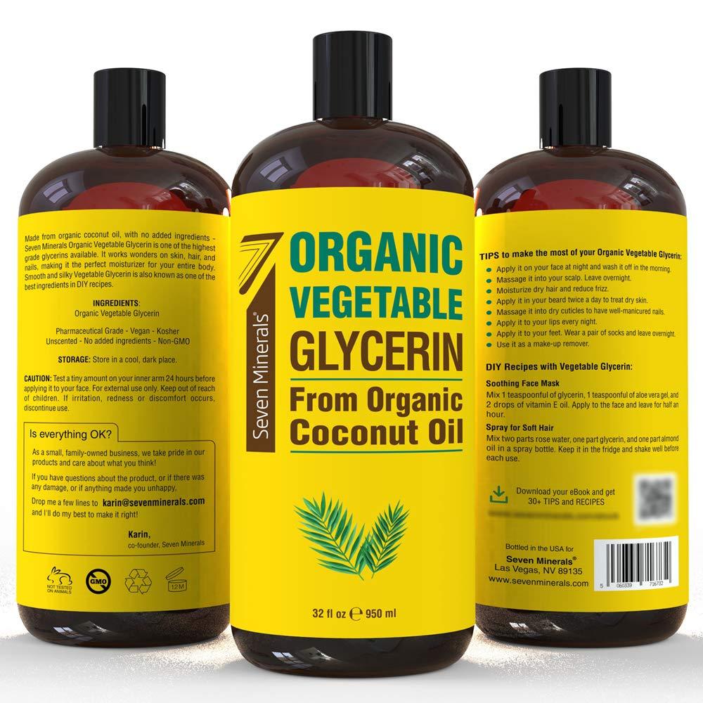 Seven Minerals Seven Minerals, Organic Vegetable Glycerin - Big 32 fl oz Bottle - No Palm Oil, Made with Organic Coconut Oil - Therapeutical Grade Glycerine for DIYs - Hair, Nails & Skin Moisturizer - Non-Gmo