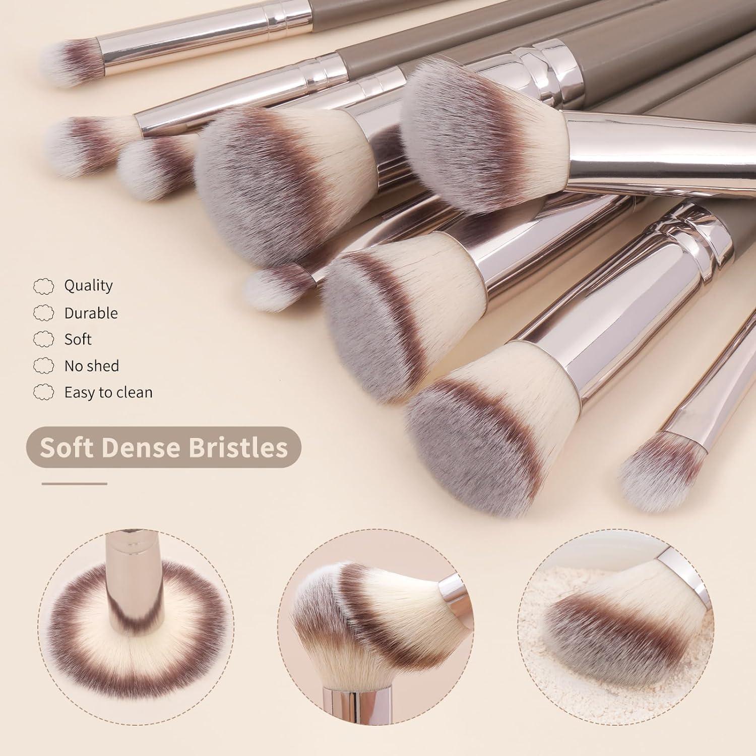 Vebermo Personalized Gift Custom Makeup Brush Set with Custom Brush Bag, 15 Pcs Premium Synthetic Personalized Makeup Brushes Foundation Eyeshadow Brush Powder Blush Concealers Brush Set(Champagne)