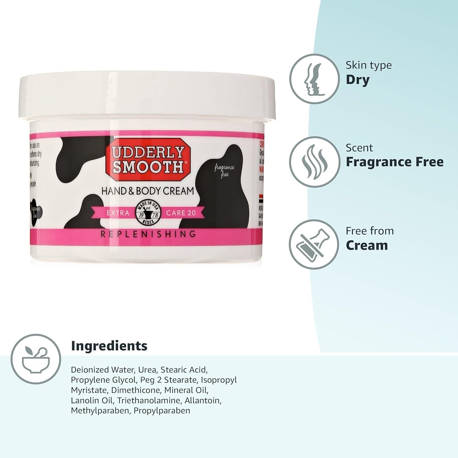 UDDERLY SMOOTH Udderly Smooth Extra Care Hand/Body Cream with 20% Urea, Replenishing, Fragrance Free, 8 OZ - 2 Pack