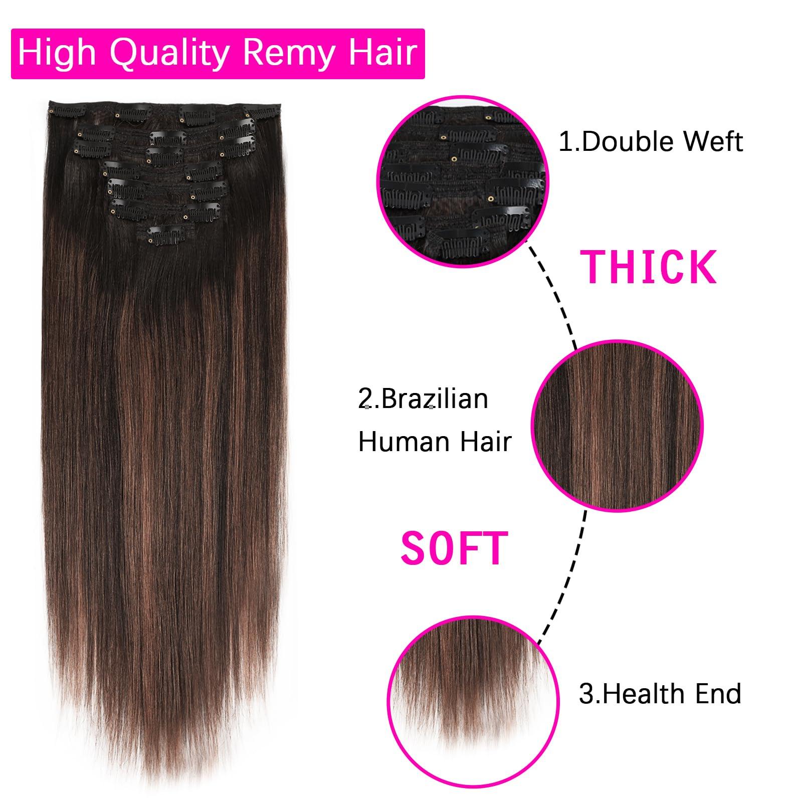 LOVRIO Lovrio Yaki Straight Clip in Human Hair Two Tone Rooted Black to Natural Black #1B Mixed With Chocolate Brown #4 Light Yaki Clip in Remy Human Hair for Black Women Yaki Hair 20 Inch 120G