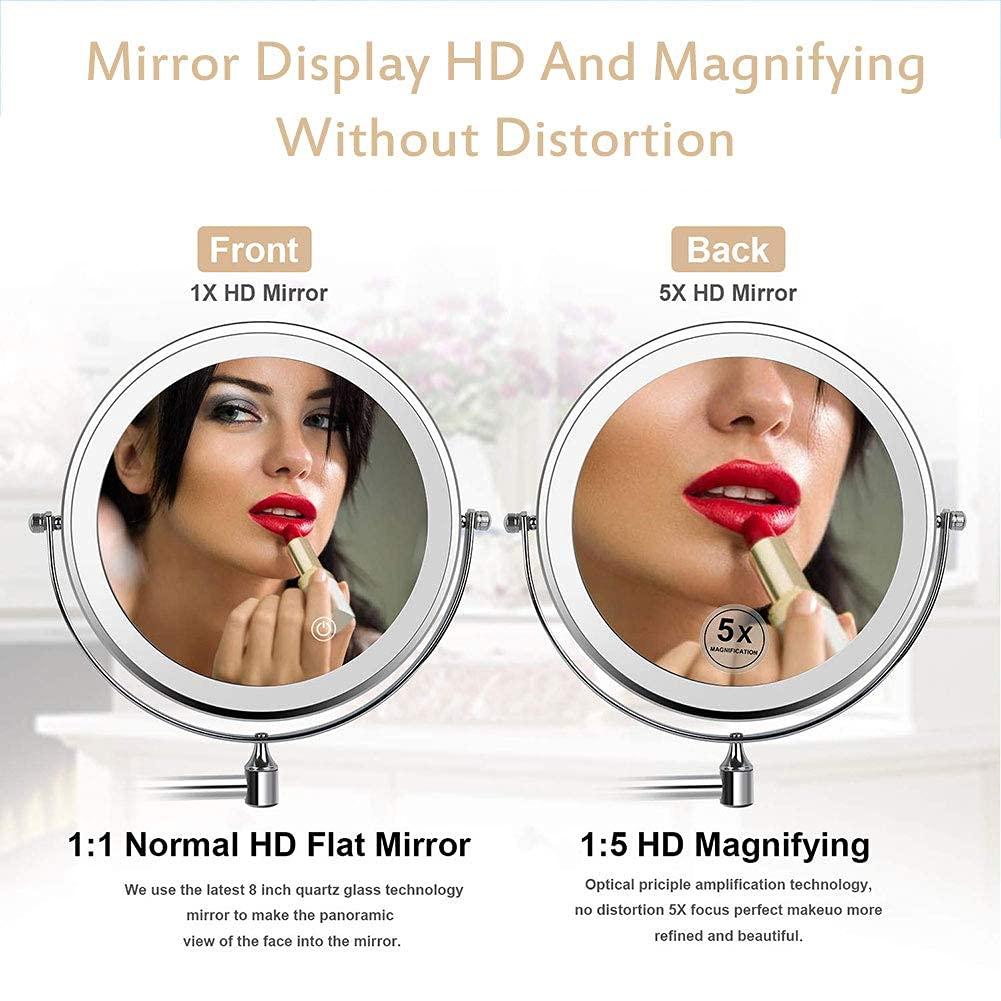 DUDSME DUDSME Bathroom USB Rechargeable 8 Inches Bathroom Mirror Wall Mounted Upgrade Auto Off LED Makeup Mirror Shaving Mirror with 1X/5X Magnification 360 Swivel Matte Gold (Size : 1X/5X)
