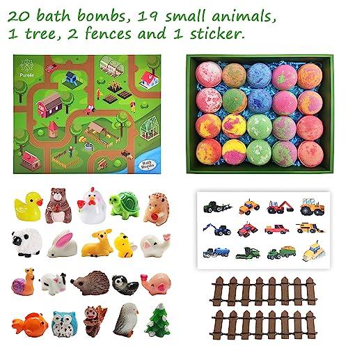 Joanne Arden Organics Kids Bath Bombs Gift Set. 20 Natural Bath Bombs with Toys Inside & Farm Playmat. Animal Bath Bombs for Boys and Girls with Prize Inside