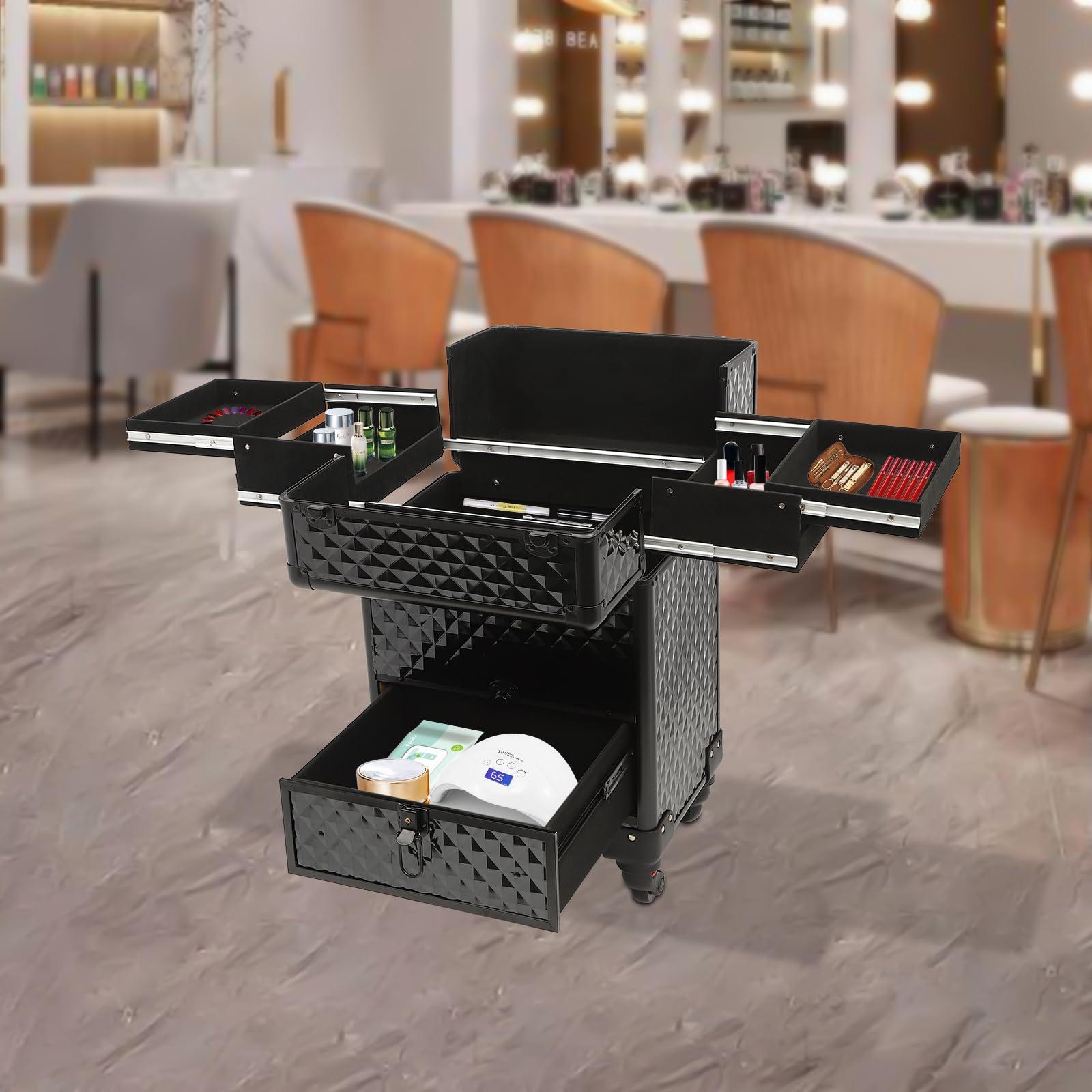 NliuLJW NliuLJW Professional Makeup Trolley, Rolling Cosmetic Train Case Wheeled Manicure Storage Cart Cosmetologist Stylist Case for Studio or Travelling, 13.4x9.8x18.5Inch (Black)