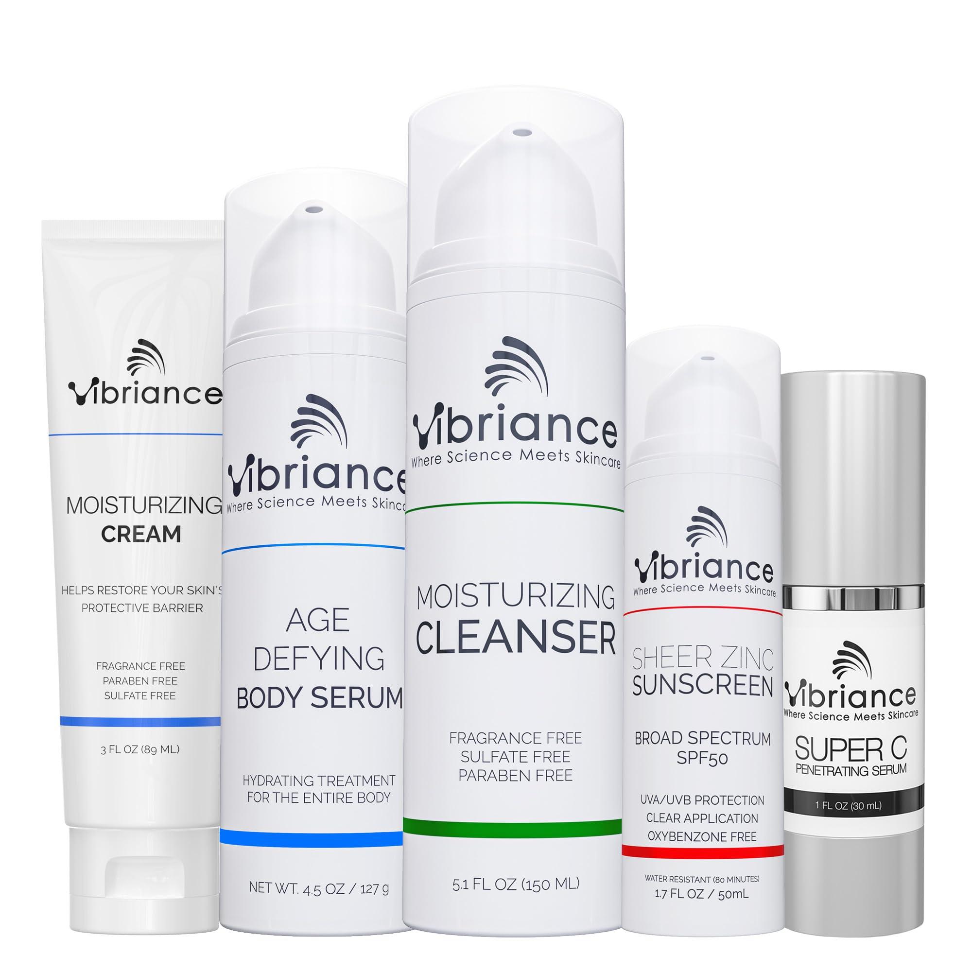 Vibriance Vibriance Premium Skincare Bundle | Super C All-in-One Serum, Face Cleanser, Moisturizing Cream, Sheer Zinc Sunscreen SPF 50, Age Defying Body Creme - Heal, Hydrate, Protect, Rejuvenate