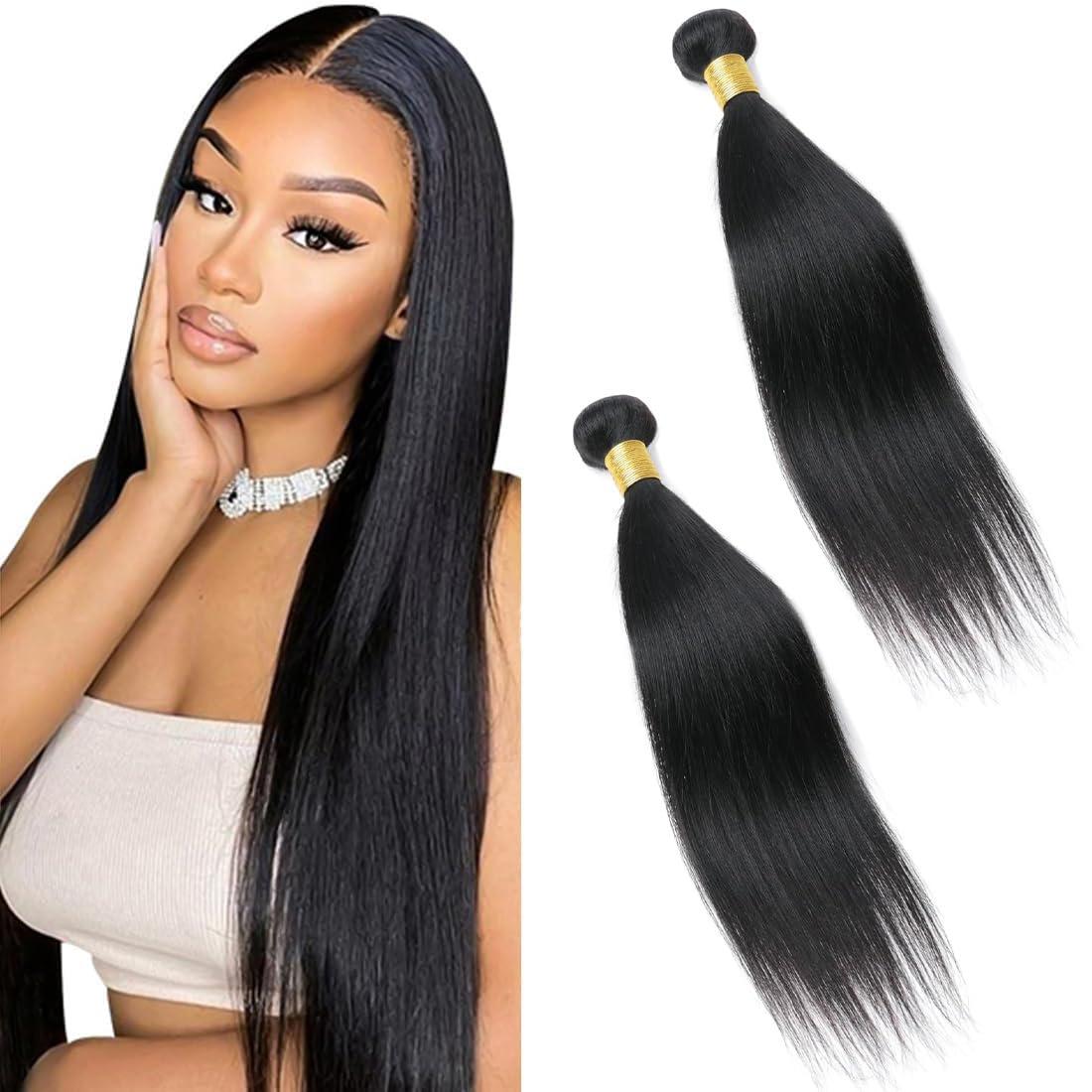 Eubeauty Straight Human Hair Bundles 16 16 inch 2 Bundles Human Hair 100% Unprocessed Brazilian virgin 12a Hair Natural Black Color 200G Per Pack