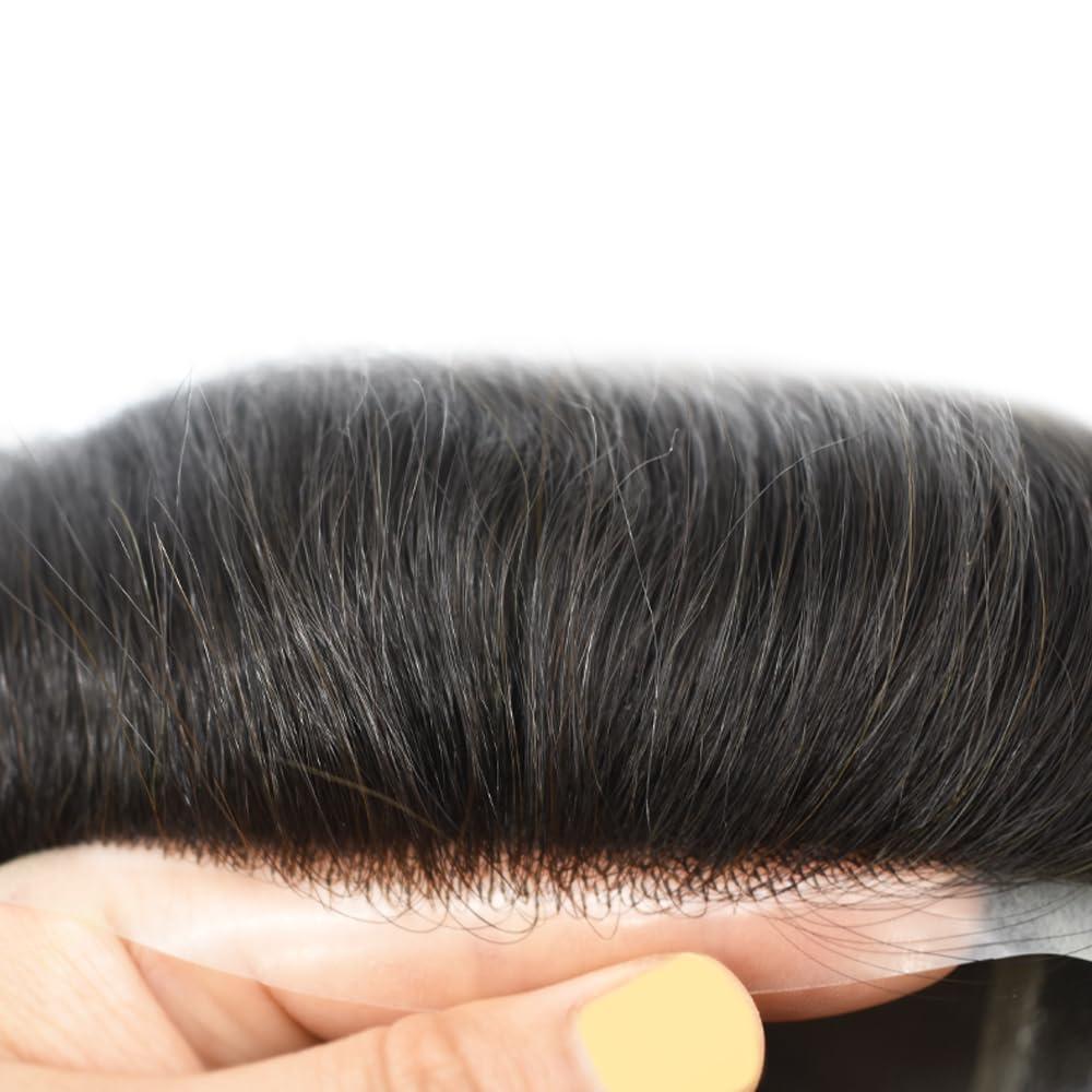 Curve Hair Curve Hair Toupee for Men Hairpieces Fine Mono Poly Skin Around Mens Toupee Hair Replacement System 100% European Human Hair Piece Unit Wigs for Men (#1B80 Off Black+80% Gray, 6\'\'X8\'\')