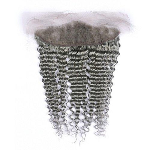 General Cloud Hair Pure Grey Deep Wave Brazilian Hair Bundles with Frontal Silver Grey Deep Wavy Human Hair Wefts 3 Bundles with Full Lace Closure 13x4 Gray Colored Hair Weaves (12 14 16 with 10)