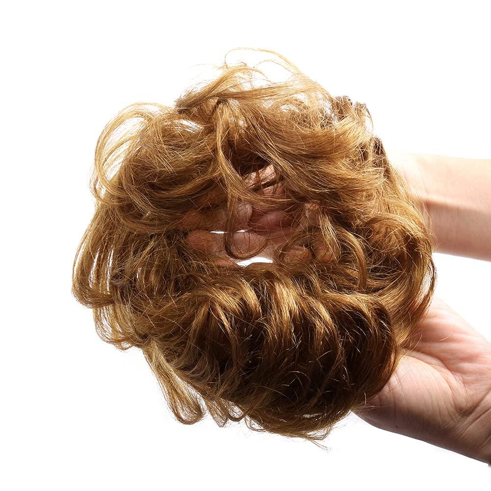 Bella Hair Bella Hair 100% Human Hair Scrunchies for Women Messy Bun Hair Piece Wavy/Curly Up-Do Ponytail Extension (#30 Medium Auburn/Red Brown)
