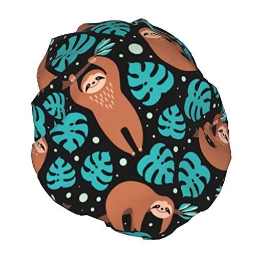 IDNUYIA Cute Sloth Shower Cap For Women, Layers Bathing Shower Reusable Elastic Band Stretch Hem Hair Hat