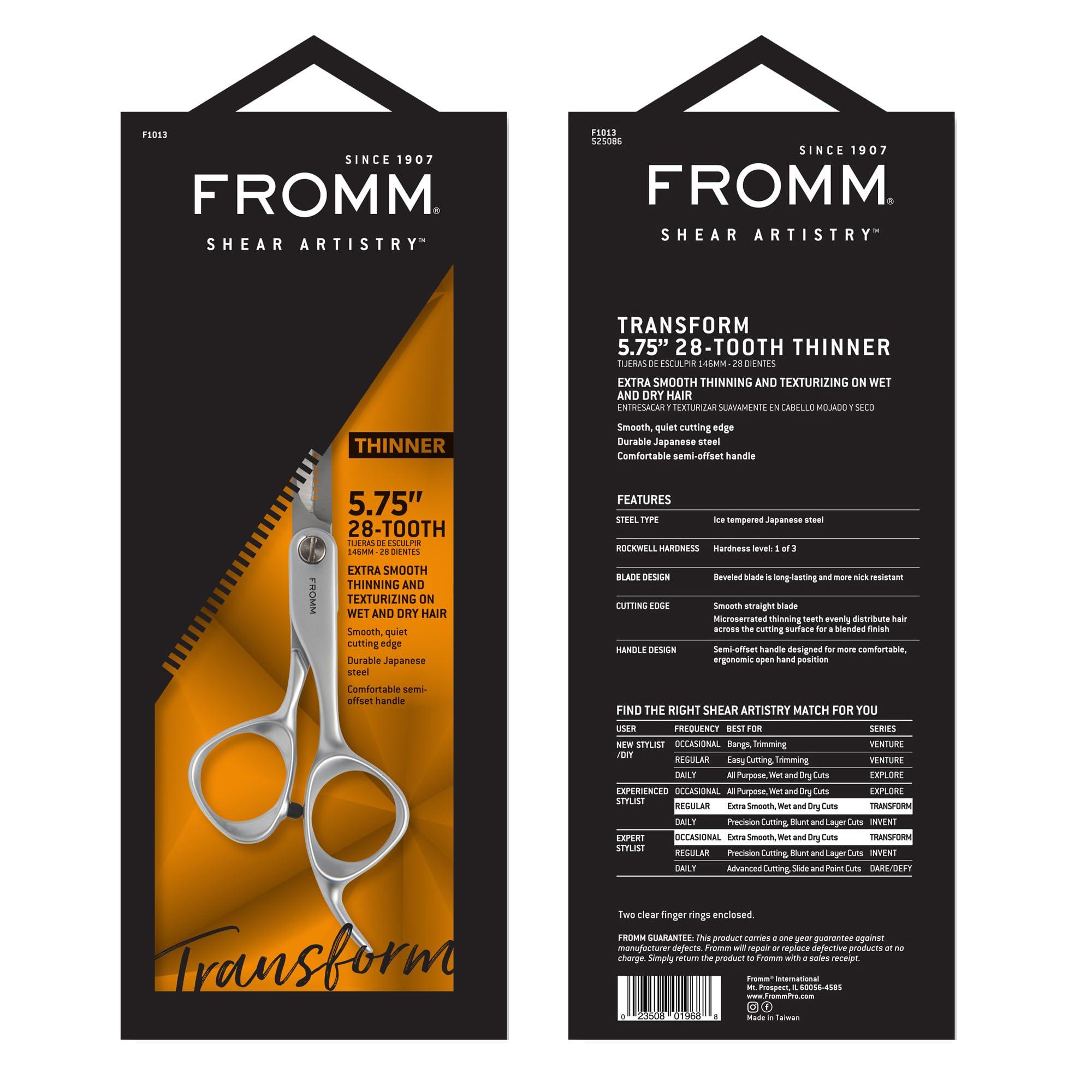 Fromm Fromm Transform 5.75\" 28 Tooth Thinning Shears for Haircutting Wet and Dry Hair, Polished Silver Japanese Steel Scissors with Beveled Blades and Microserrated Thinning Teeth