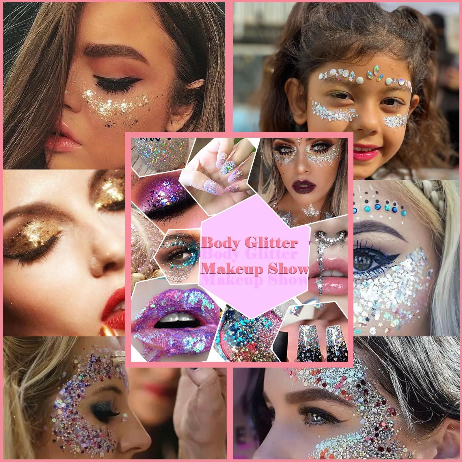 Angels Beauty Body Glitter Face Glitter Gel: Singer Concerts Disco Festival Rave Accessories Face Glitter Makeup 250ml Chunky Sequins Mermaid Face Body Hair Glitter Gel (White&Pink&Rose&Lake Blue&Orange)
