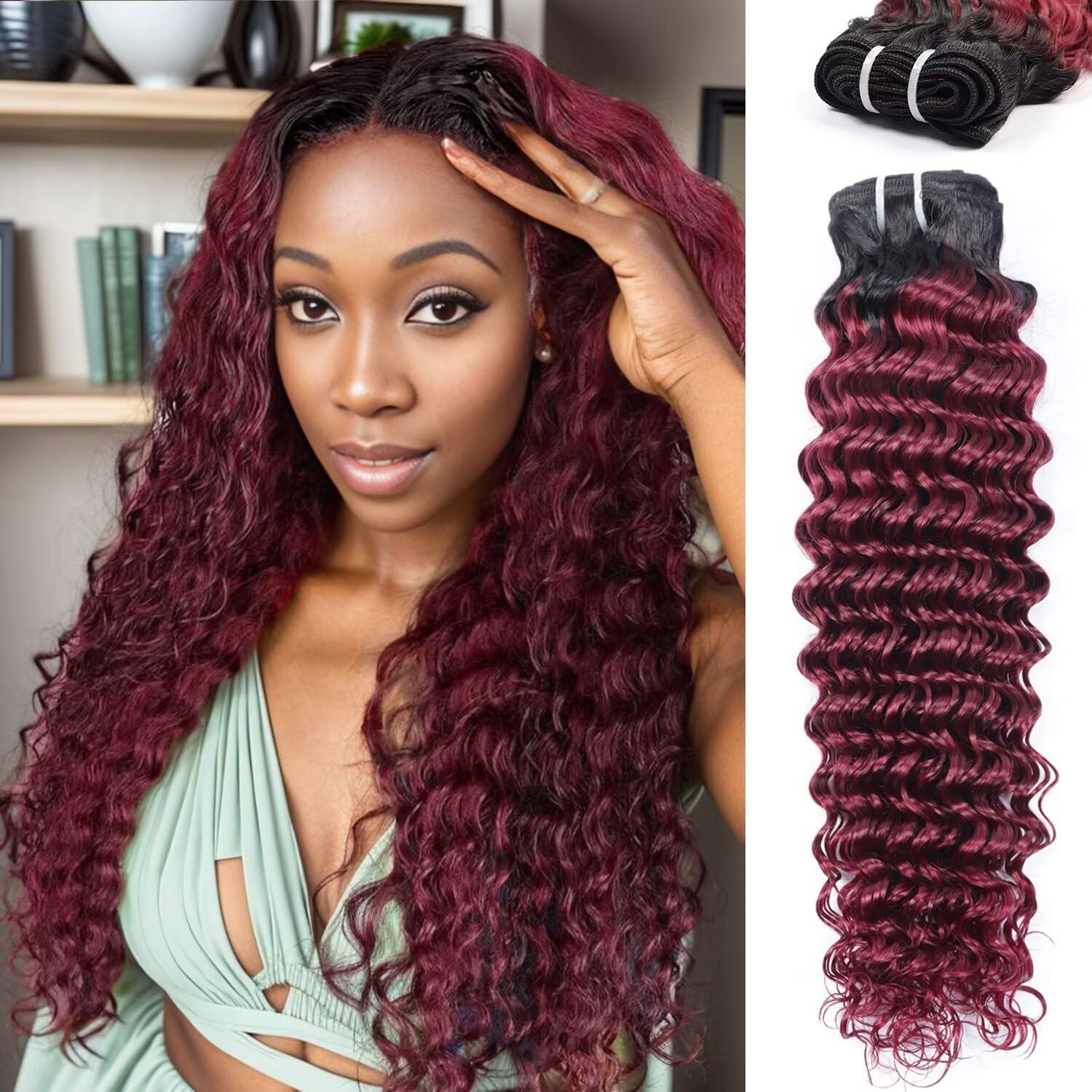 LOLLY HAIR Burgundy Bundles Human Hair 22 Inch T1B/99J Deep Wave Ombre Human Hair Bundles 10A Brazilian Virgin Wet And Wavy Curly Bundles Human Hair Red Water Wave Bundles 2 tone Black to 99J Burgundy