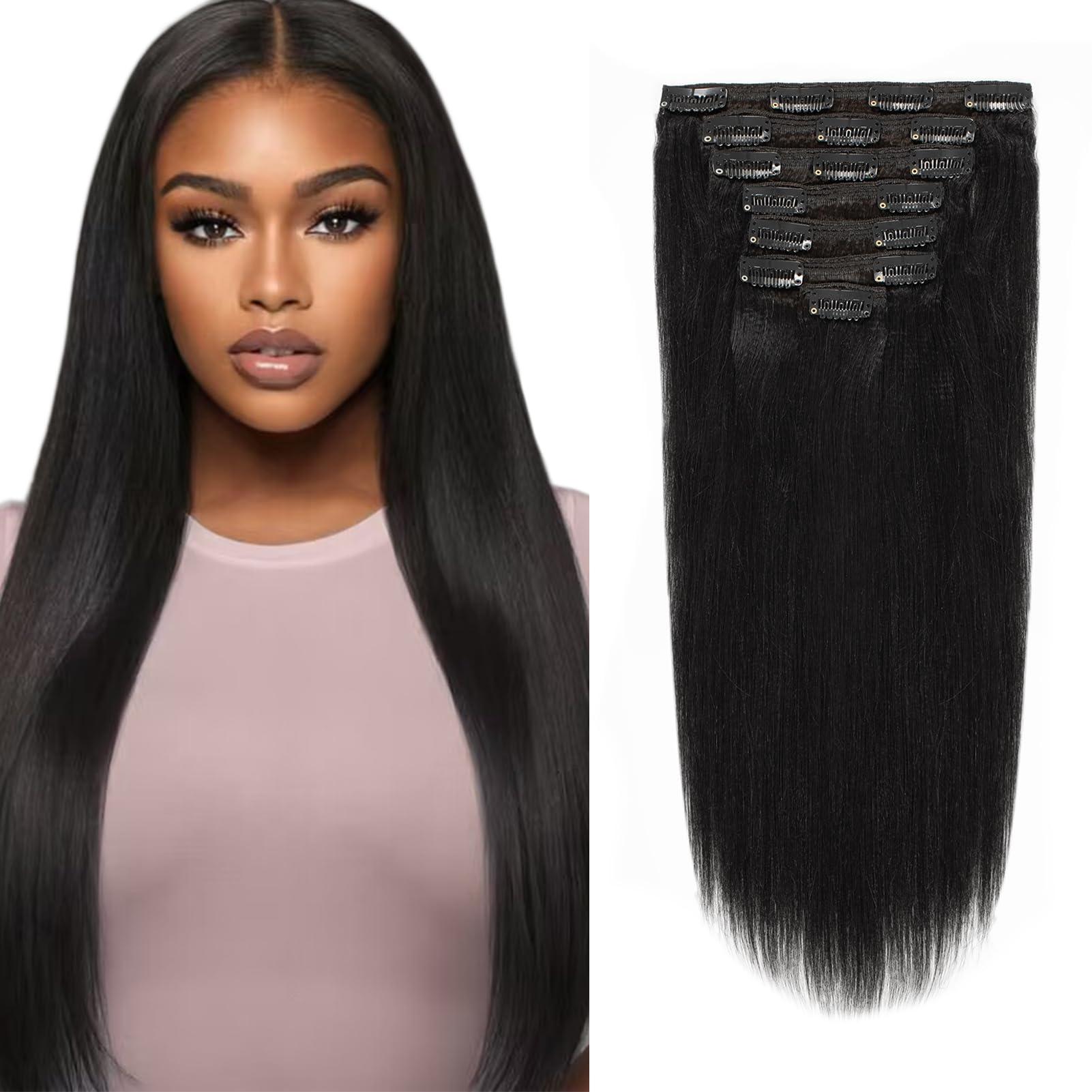 Anrosa Anrosa Yaki Hair Clip in Yaki Hair Extensions Clip in Human Hair Jet black Hair Clip in Extensions for African American Yaki Straight Clip ins Natural Hair 12 Inch