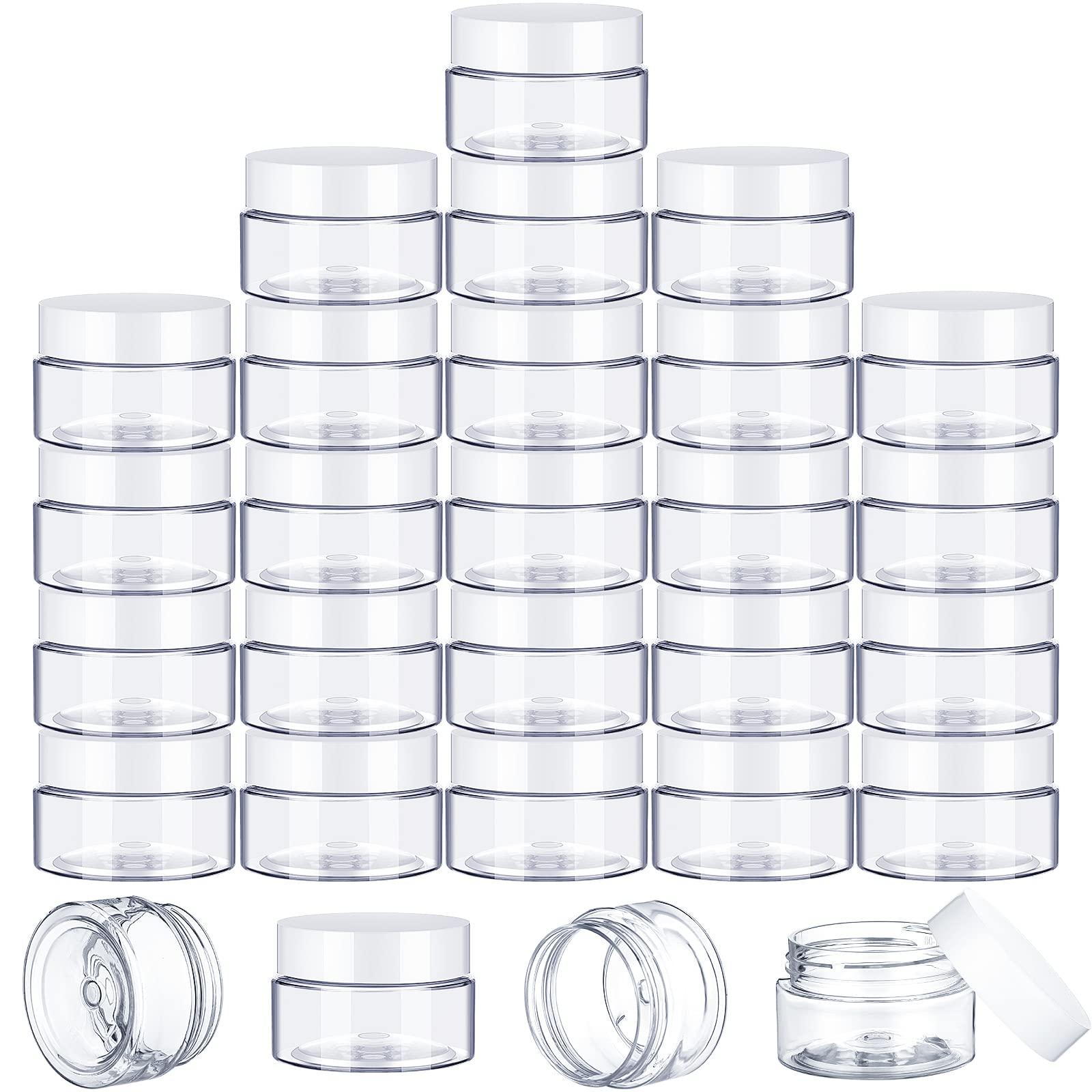 SATINIOR SATINIOR 100 Pcs Plastic Jars with Lids Small Containers Lids Wide Mouth Small Plastic Containers for Lotion Cream Rhinestones Body Butters Travel Storage(2 oz,Clear with White Lid)