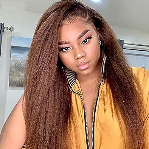 HAOKE Italian Yaki Lace Front Wigs Human Hair 4x4 Silk Base Top Yaki Kinky Straight Human Hair Wigs for Black Women Medium Auburn Wig Glueless Human Hair Lace Wig with Baby Hair (8inch, 4x4 Silk Base Wig)