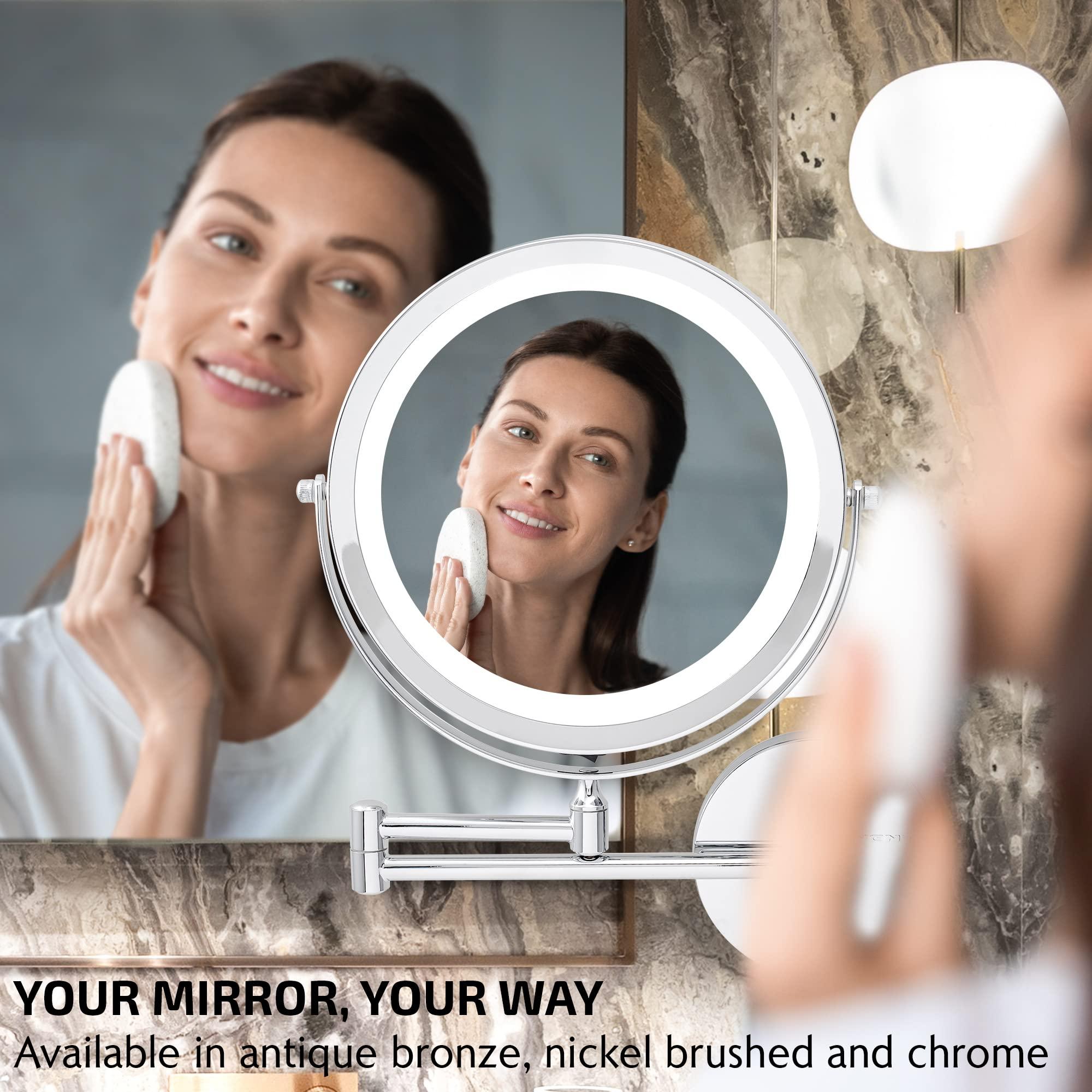 OVENTE OVENTE 9" Lighted Wall Mount Makeup Mirror with 1X/10X Magnification, Cordless Double Sided Magnifying Round Vanity Mirror, 360 Swivel Design, Extendable and Folding Arm, Polished Chrome MFW85CH1X10X