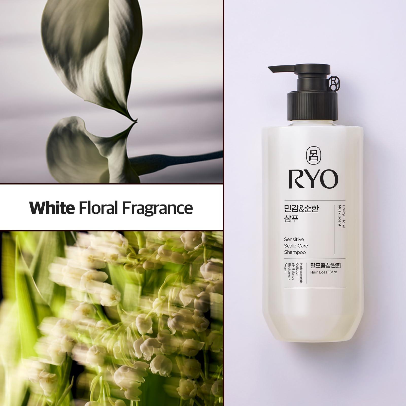 Ryo RYO Sensitive Scalp Care Shampoo with Korean Ginseng & Caffeine - Soothing and Relief for All Hair Type, Anti Loss Care, Dermatologist Tested, 16 Fl Oz.