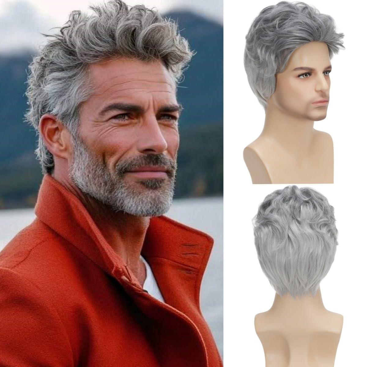 Daiaces Daiaces Mens Grey Wig Short Curly Wig Layered Natural Synthetic Men\'s Wig Party Cosplay Wig Mens Halloween Costumes Wig