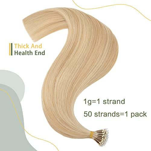 SEGO SEGO Nano Bead Ring Human Hair Extension Pre Bonded Nano Tip Remy Hair Extensions Micro Beads Rings Loop Hand Tied Hairpiece 18 Inch #18P613 Ash Blonde&Bleach Blonde 1g/strand 50g/pack