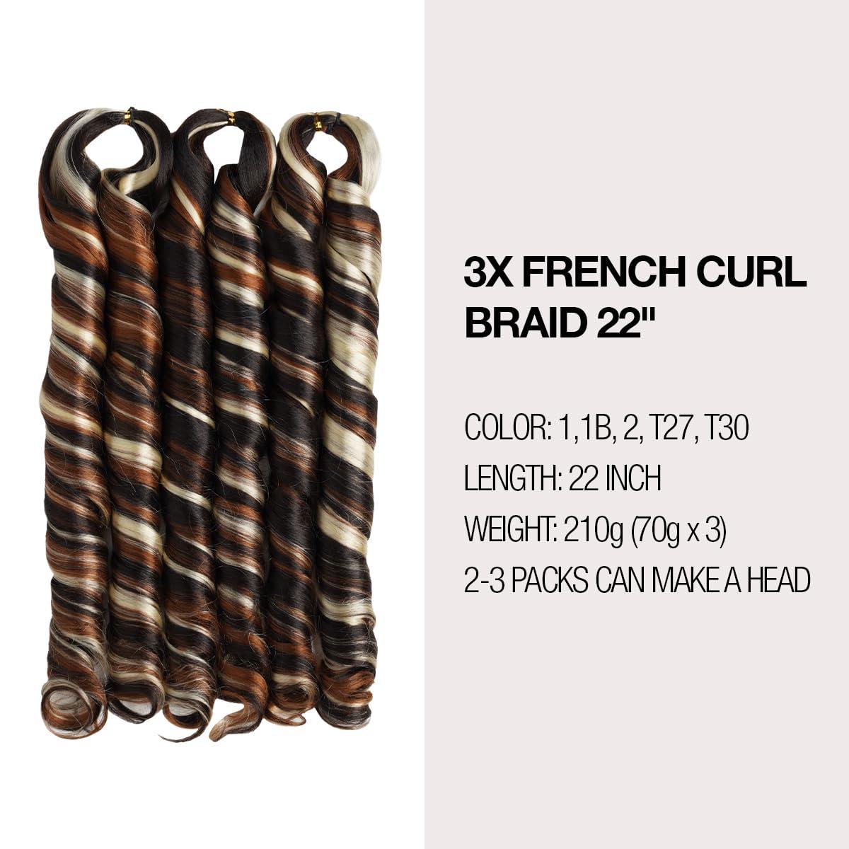 AU-THEN-TIC AU-THEN-TIC French Curly Braiding Hair 22 Inch French Curl Wavy Braids Spiral Curl Bouncy Braiding Hair for Goddess Box Braids Crochet Hair Extensions (9 Bundles (Pack of 3), P4/30/613)
