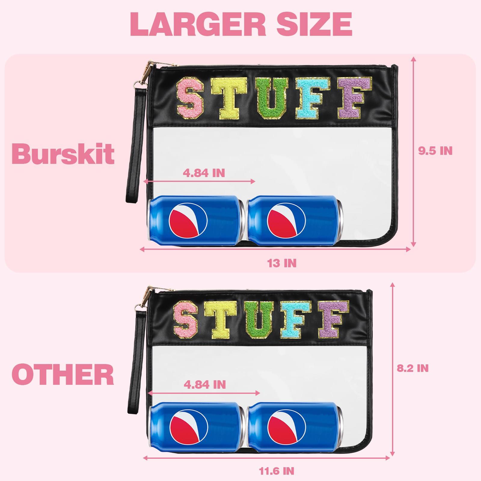 Burskit Burskit Chenille Letter Clear Zipper Pouch for Travel Preppy Stuff Bag Aesthetic Storage Organizer Pouches for Women with Glitter Patch Letters (Black-Stuff)