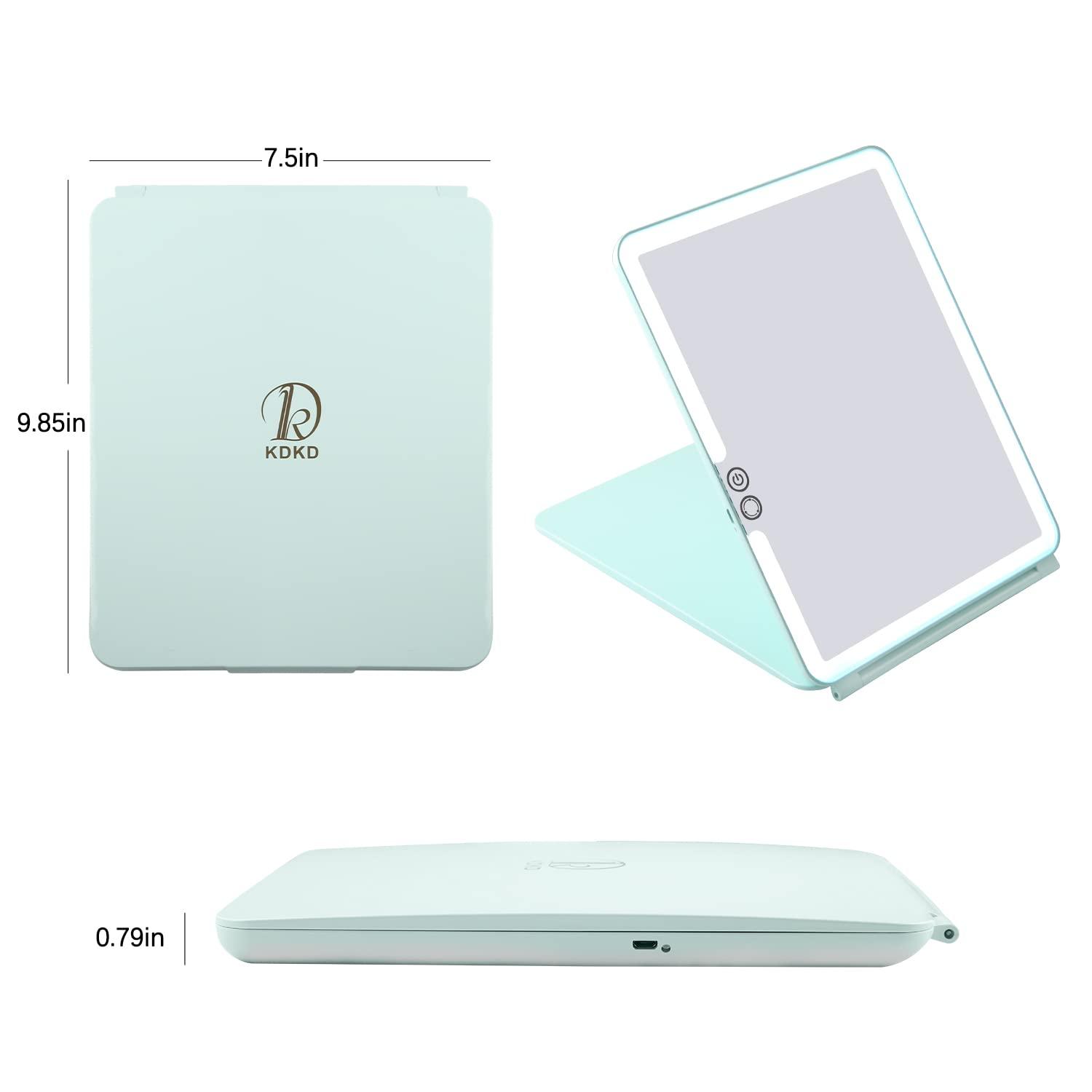 KDKD KDKD Folding Travel Mirror Lighted Makeup Mirror with 72 LEDs 3 Colors Light Modes USB Rechargable 2000mA Batteries Ultra Thin Compact Vanity Mirror with Touch Screen Dimming for Cosmetic Green