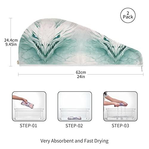 Poeticcity White Ice Dragon in White Stone Digital Painting Ripped Pattern 2 Packs Hair Towel Wrap, Absorbent Turban Bath Hair Towel Hat, Quick Drying Hair Towel with Button for Curly, Long, Thick Hair