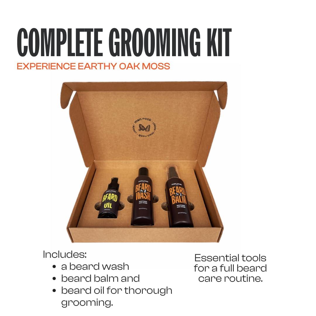 Men Rock Men Rock Beardy Beloved Soothing Essential Beard Kit - Oak Moss for Men - 3 Pc 3.4oz Soothing Beard Wash - Oak Moss, 3.4oz Soothing Beard Balm - Oak Moss, 1oz Beard Oil - Original