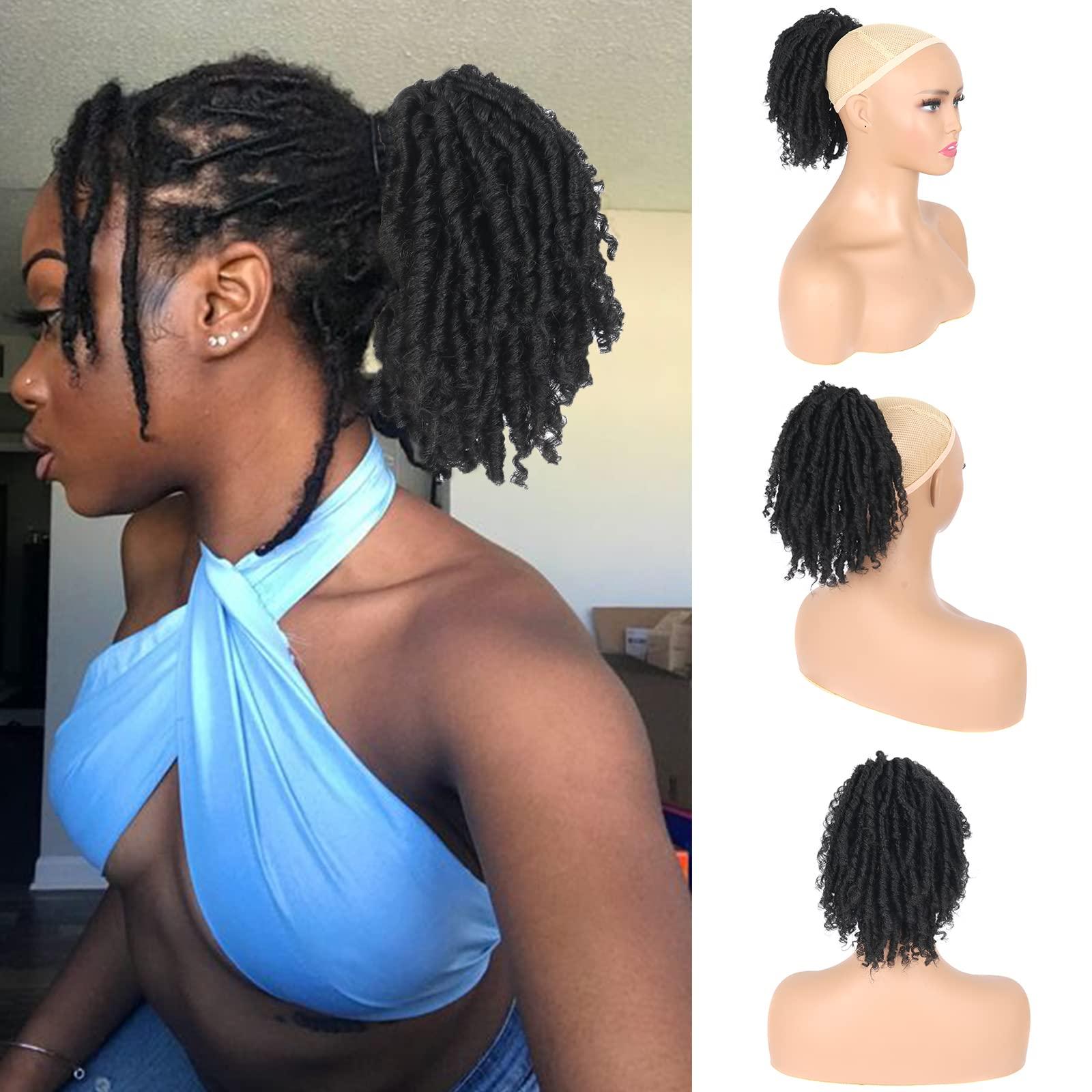 Oseti Oseti Dreadlock Curly Black Loc Drawstring Ponytail for Black Women, Short Loc Petal Bun Loc Accessories Clip in on Ponytails Hair Extensions Fake Ponytail Synthetic Hair Pieces for Black Women
