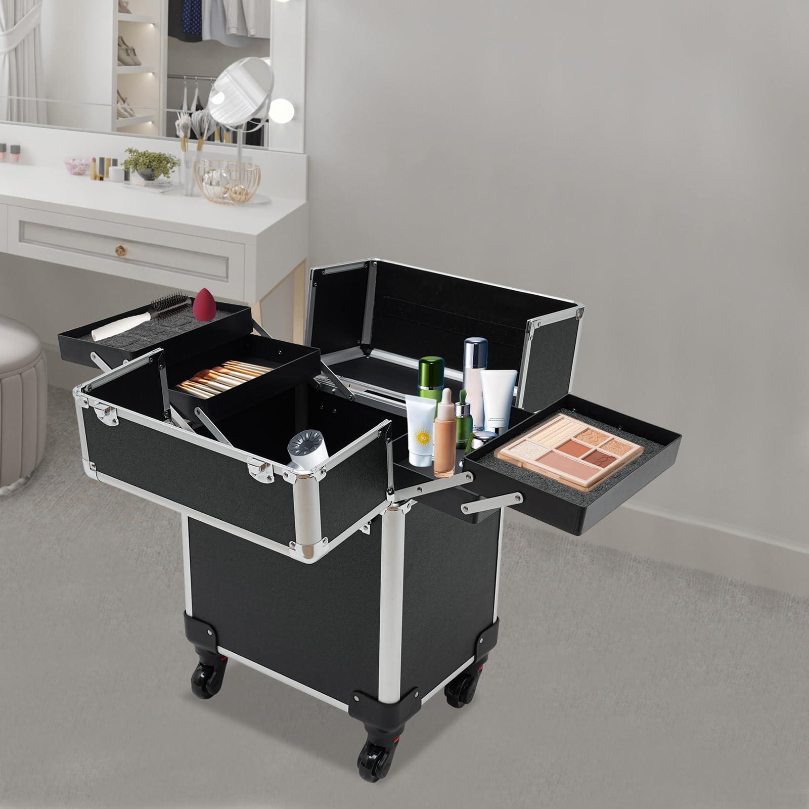 UIdili Multifunctional Rolling Makeup Train Case, Large Capacity Travel Trolley Case with Lock, Mobile Tool Organizer Storage Case with Universal Wheels, Load Capacity 110 lbs, for Hairdressing Nail Beauty