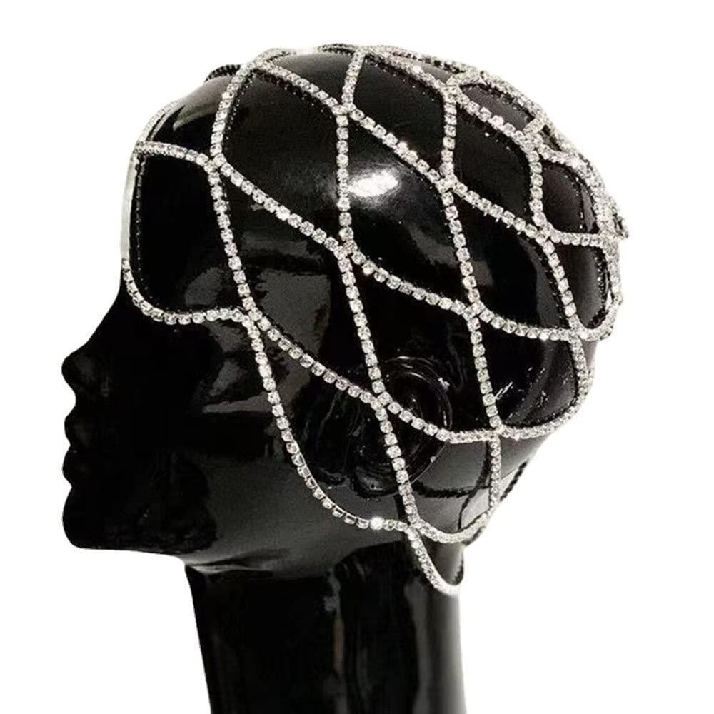 Xerling Xerling Rhinestones Tassel Cap Headpiece 1920s Flapper Head Chain Bridal Hair Accessories Silver Crystal Cleopatra Head Jewelry for Women (Type C Silver)