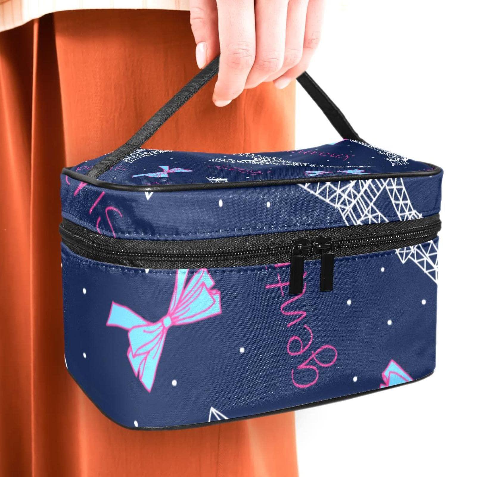 RysgdsE Paris Eiffel Tower Bow Tie Navy Background Large Cosmetic Bag Travel Makeup Organizer Case Holder for Women Girls