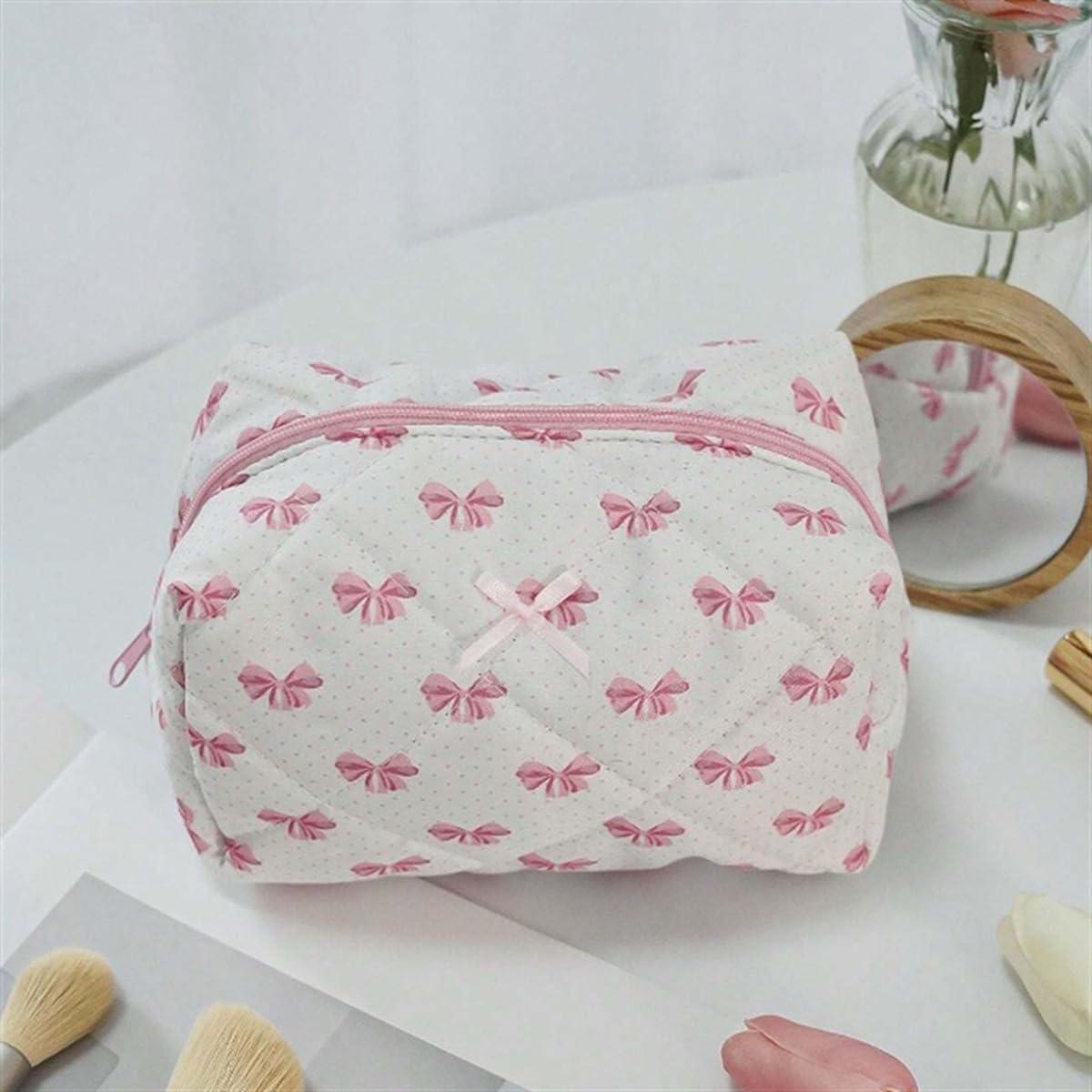 Haojinli Coquette Bow Y2k Makeup Bag, Cute Quilted Make Up Pouch Small Preppy Floral Cosmetic Bag, Toiletry Organizer Bag for women and girl (A)