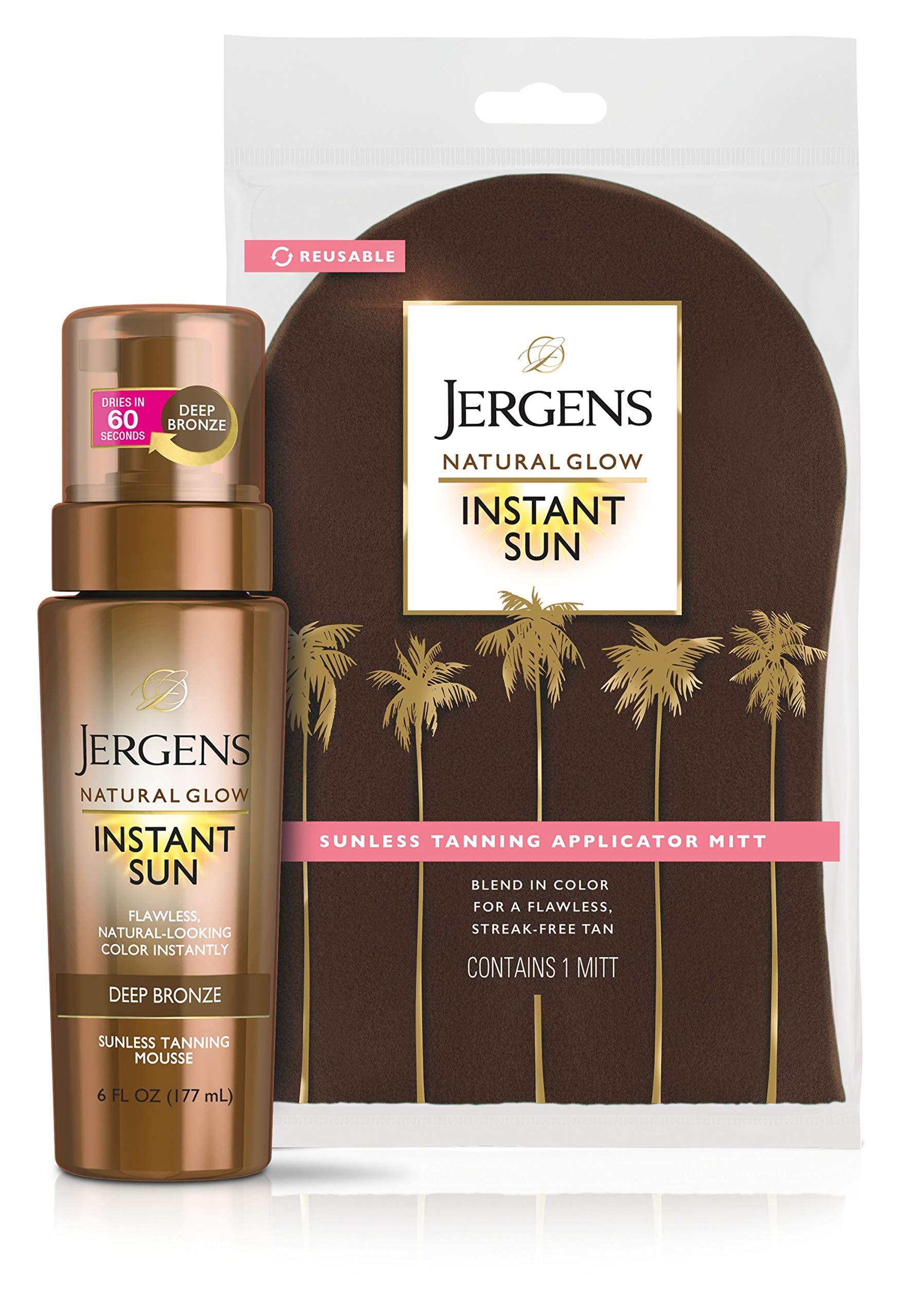 Jergens Jergens Natural Glow Instant Sun Body Mousse, Deep Bronze Tan, 6 Ounce Sunless Self-Tanner with Natural Glow Body Applicator Mitt, Flawless, Streak-free Tanning Blender Glove