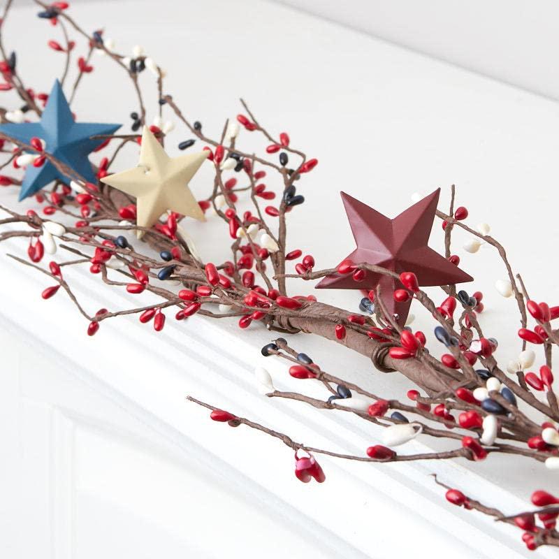 Factory Direct Craft Americana Pip Berry Garland with with Red, White and Blue Stars – Year Round Rustic Berries, Farmhouse Home Decor for Table Arrangements, Fireplace Mantel, and Seasonal Centerpiece Decorations (60" L)