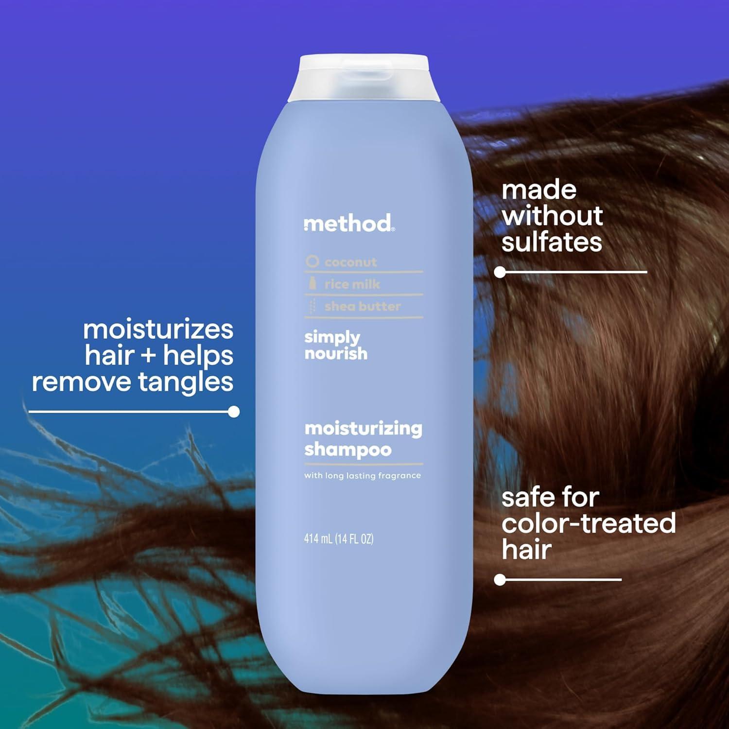 Method Method Moisturizing Shampoo, Simply Nourish with Shea Butter, Coconut, and Rice Milk Scent Notes, Paraben and Sulfate Free, 14 oz (Pack of 3)