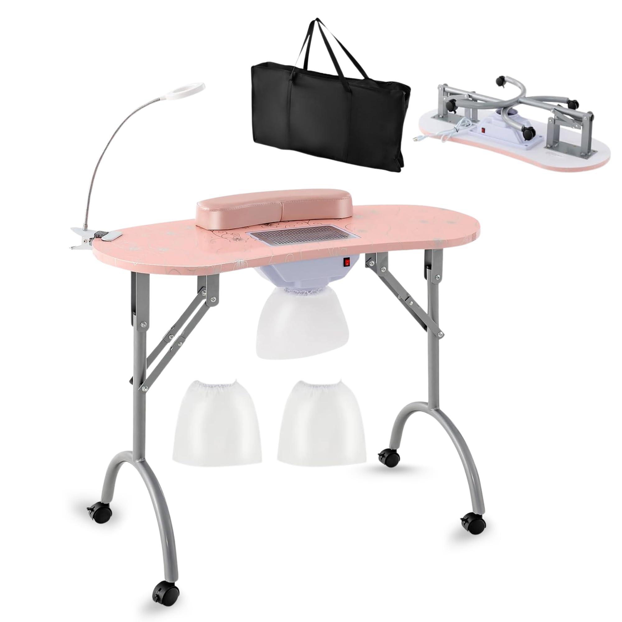 CHEFJOY CHEFJOY Portable Manicure Table, Foldable Nail Desk w/Electric Residue Collector, Bendable LED Lamp, Removable Armrest Pad, Lockable Wheels, Foldable Nail Table w/Carry Bag for Home, Salon, Pink