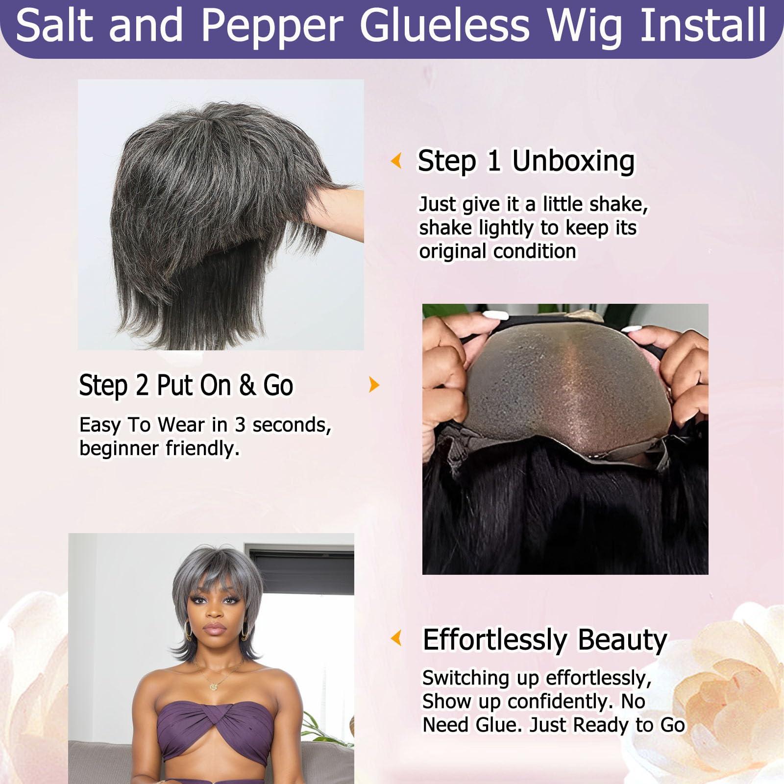 HANASCC HANASCC 12\" Salt and Pepper Wigs for Women 70s 80s 90s Shaggy Layered Mullet Human Hair Wig with Bangs Glueless Grey Human Hair Wig for Women Curly Short Pixie Cut Wig Full Machine Gray Human Hair Wig