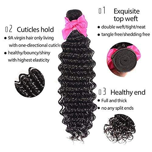 Aatifa Brazilian Deep Wave Curly Virgin Human Hair Bundles with 4X4 Free Part Lace Closure Unprocessed Human Hair Extensions Natural Black (18 20 22 24+16,lace closure)