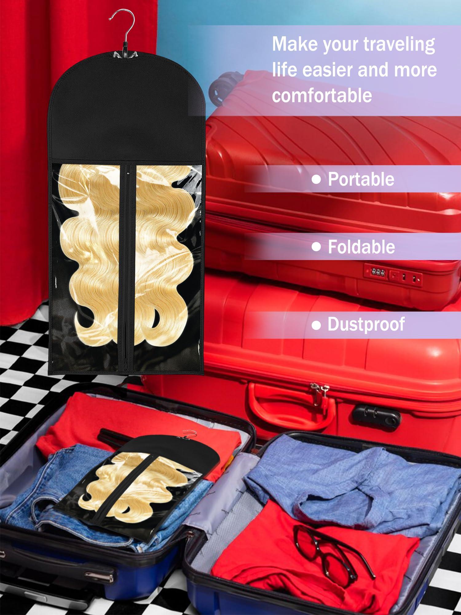 Whtawtaw 3 Pcs Hair Wig Extension Storage Bag, Hair Extensions Holder with Hanger, 11.4 * 23.6 inches, Portable Wig Bags Storage with Transparent Zipper Closure (Rose)