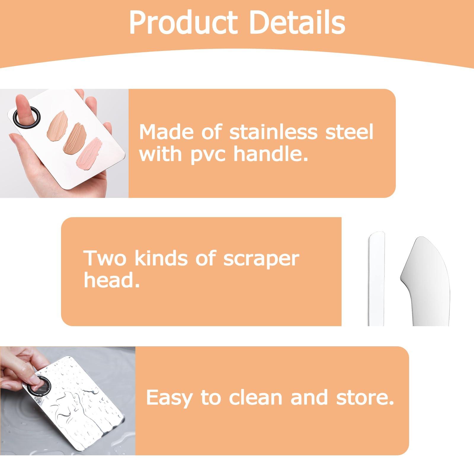 Huakaile 3 Pcs Makeup Foundation Spatula Spoon Tool Set, Make Up Mixing Palette Tray, Stainless Steel Skin Care Spatula, Cosmetic Scoop Scraper for Skincare Face Eye Cream (Silver)