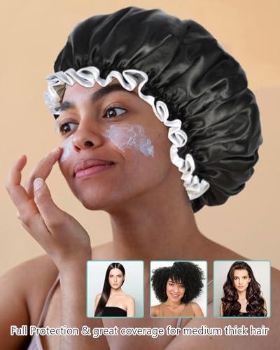 Luvruitaky Luvruitaky Shower Cap Large Reusable Shower Cap for Women 13 Inches Double Layer Waterproof Bath Hair Caps Black Oversized Adjustable Design for All Hair Lengths