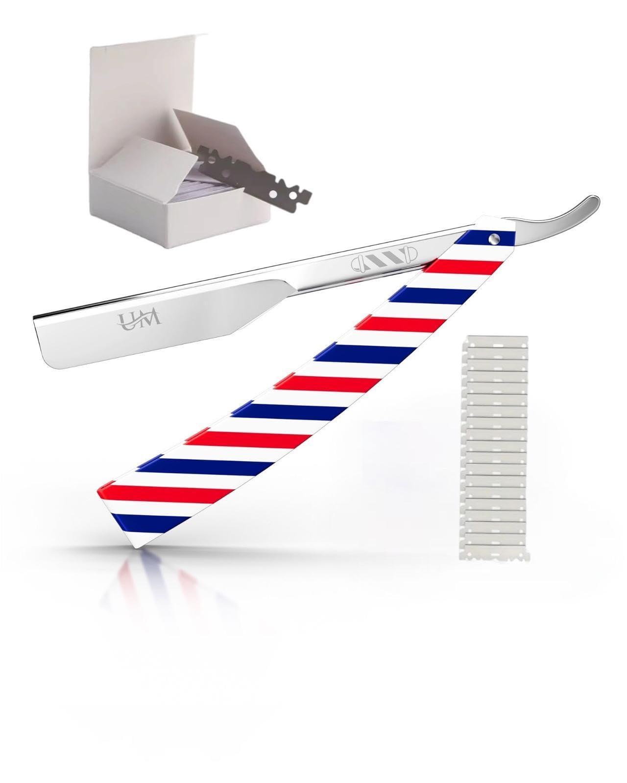 UM Supplies UM Supplies Straight Edge Barber Razor | Professional Men's Straight Shaving Razors kit With 10 Replaceable Blades | Cut Throat Shavette | Barber Pole Red, White, Blue