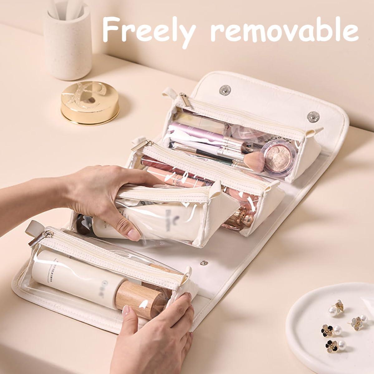 Generic Leather Waterproof Cosmetic Bag, Roll Up Toiletry Makeup Hanging Bag With Compartments, Multi Travel Roll Up Bag (White)