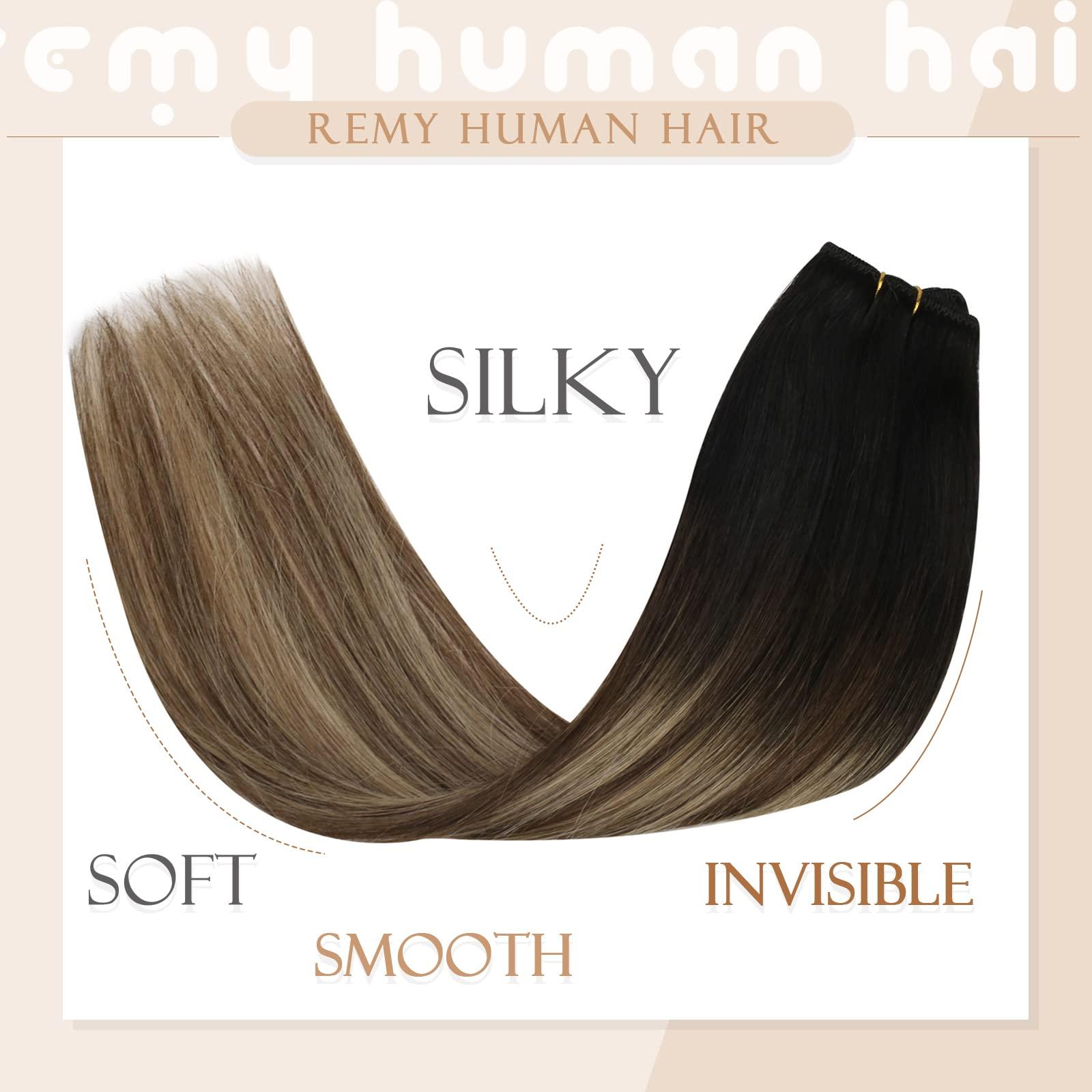 Sunny Hair Sunny Hair Beaded Weft Hair Extensions Human Hair 50G Micro Bead Weft Hair Extensions Real Human Hair Straight Weft Hair Extensions Easy Weft Natural Black to Dark Brown with Caramel Blonde 18inch