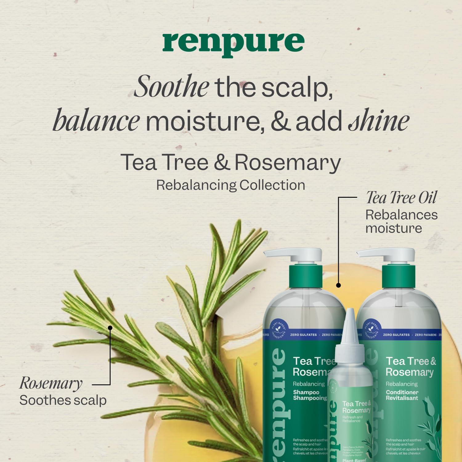 RENPURE Renpure Tea Tree & Rosemary Shampoo & Conditioner Set, Plant Based - Refreshes & Rebalances Hair and Scalp - For Oily/Normal Hair - Tea Tree Leaf Oil, Rosemary Leaf Extract - 24 Fl Oz each, 2 Pack