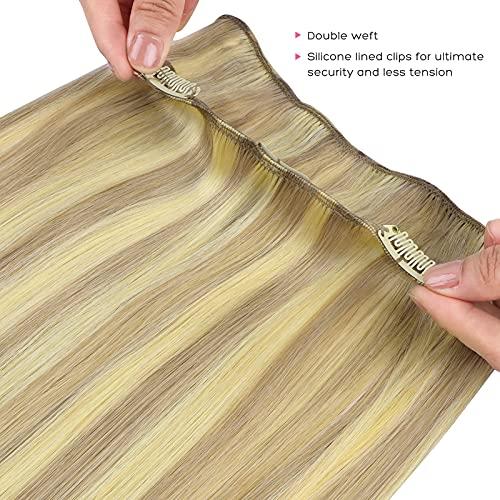 marat Marat Hair Extensions Clip in Human Hair, Light Blonde Highlighted Golden Blonde Clip in Hair Extensions 14 inch 120g Straight Clip in Hair Extensions Human Hair